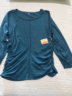 Free People Teal Ruched-Side Long Sleeve Top